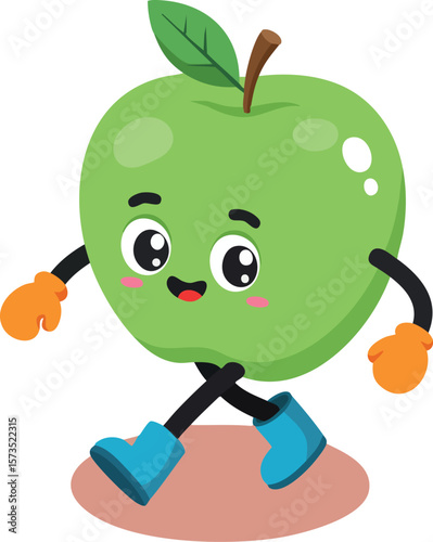 Green apple character walking with boots and gloves cute fruit mascot vector illustration