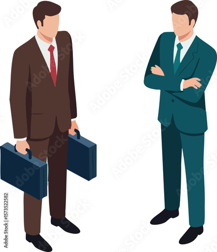 Two businessmen in formal suits holding briefcases and discussing professional matters in office environment vector illustration