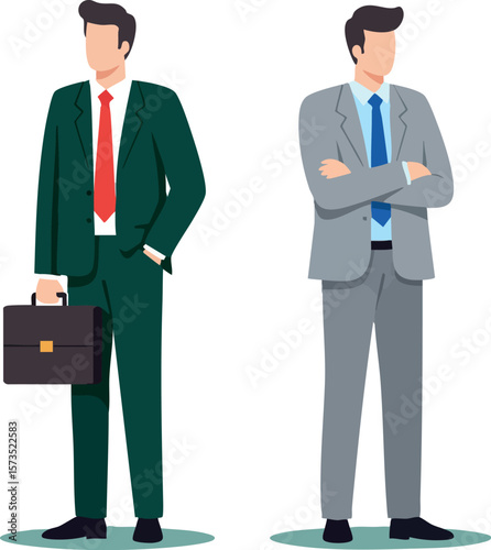 Business men standing wearing formal suits with briefcase and arms crossed vector illustration
