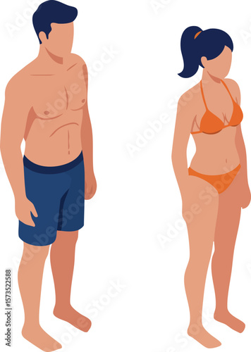 Vector illustration of young man and woman in swimwear standing side by side summer beachwear casual style