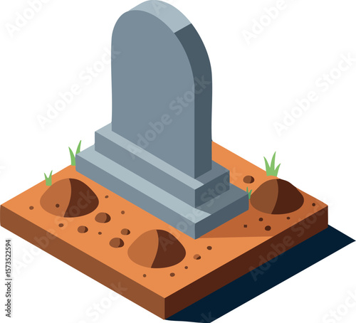 Gravestone with fresh soil mounds and grass in isometric style for cemetery or memorial concept vector illustration