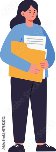 Woman holding documents and folder standing in casual outfit vector illustration 