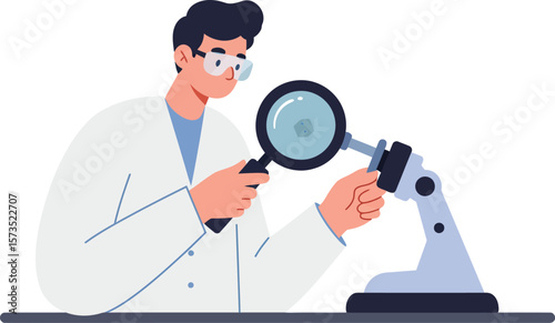 Scientist examining microscope in lab coat and safety glasses vector illustration for research and science concepts 