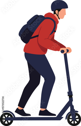 Man Riding Electric Scooter Wearing Helmet and Backpack Urban Transportation Vector Illustration 