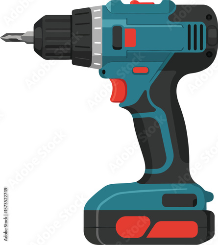 Cordless electric drill tool for home improvement and construction projects in blue and red colors 