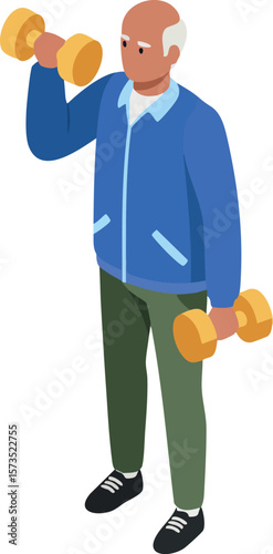 Elderly man exercising with dumbbells in casual sportswear isolated on white background fitness and health concept vector illustration