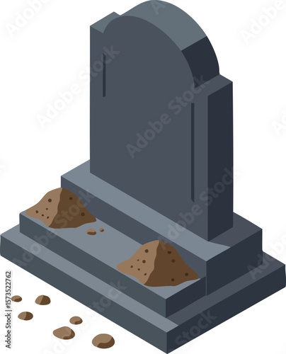 Gravestone tombstone with soil piles and scattered dirt in isometric style vector illustration for cemetery design and memorial concept