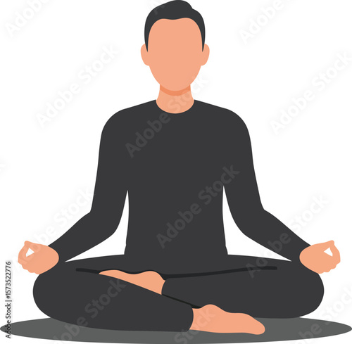 Man in black clothing meditating in lotus pose vector illustration for mindfulness and relaxation practice 