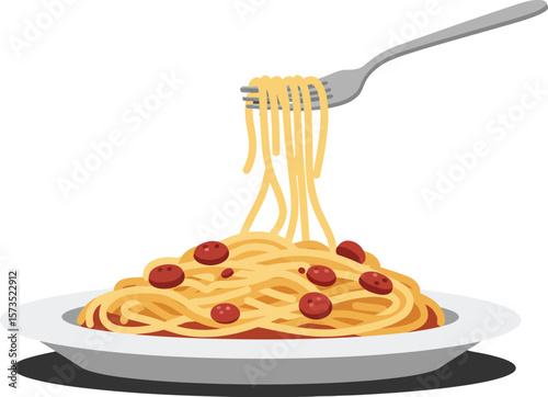 Spaghetti pasta with tomato sauce and fork twirling Italian cuisine meal vector illustration 