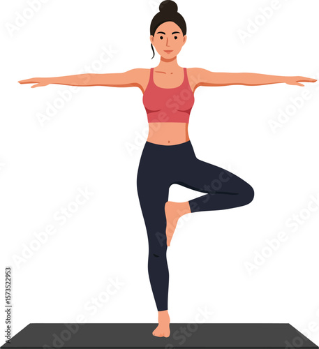 Woman practicing yoga tree pose on mat in fitness workout session vector illustration 