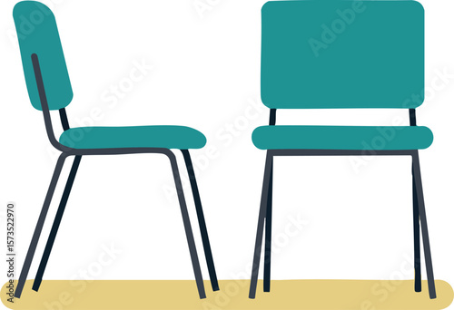 Simple teal chair vector design showing front and side views with metal legs and minimalistic style