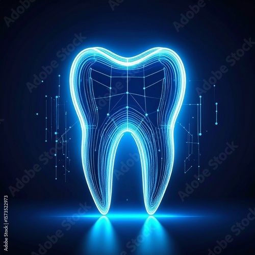 A Digital Style Dental Logo With A Glowing Tooth Hologram Effect, Neon Blue Accents,