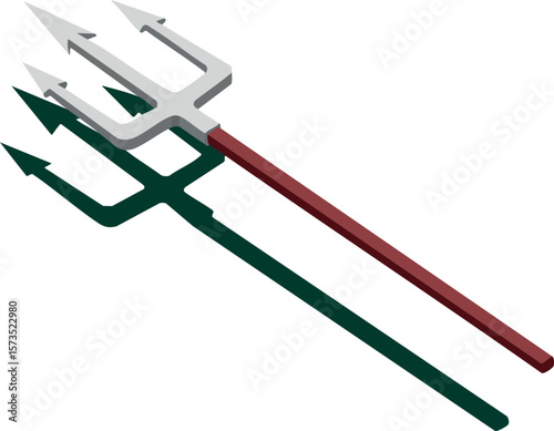 Trident weapon illustration in red and dark green handles with sharp silver prongs vector design for mythology or fantasy concepts