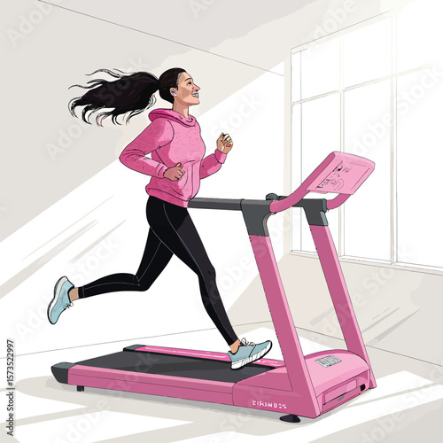 Woman running on pink treadmill for home workout fitness exercise cardio training and healthy lifestyle routine