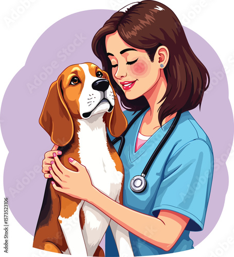 Cartoon beagle dog with veterinarian woman care love animal health pet clinic vet doctor illustration