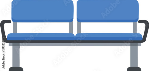 Blue public bench with metal frame and armrests in simple flat vector style for urban outdoor seating design