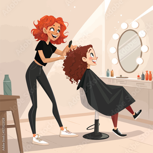 Hair salon visit cartoon illustration of stylist working on client with curly hair and happy facial expression