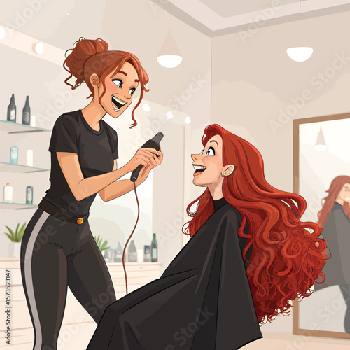 Hair salon visit cartoon illustration of stylist and customer with red hair having a great time together