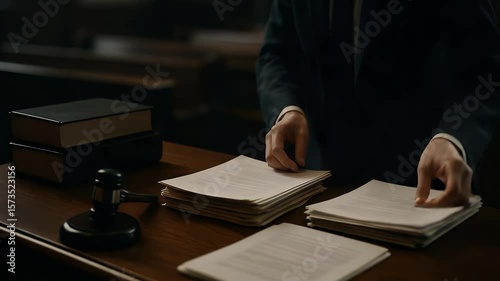 Legal Proceedings in Session: A composed individual, in a professional suit, meticulously arranges and reviews important documents at a courtroom desk, emphasizing the gravity of legal affairs.