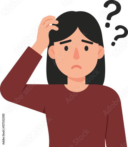 Confused woman scratching head with question marks in thoughtful expression vector illustration 