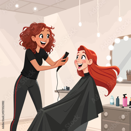 Hair salon visit: cartoon illustration of a woman getting a haircut from a friendly stylist