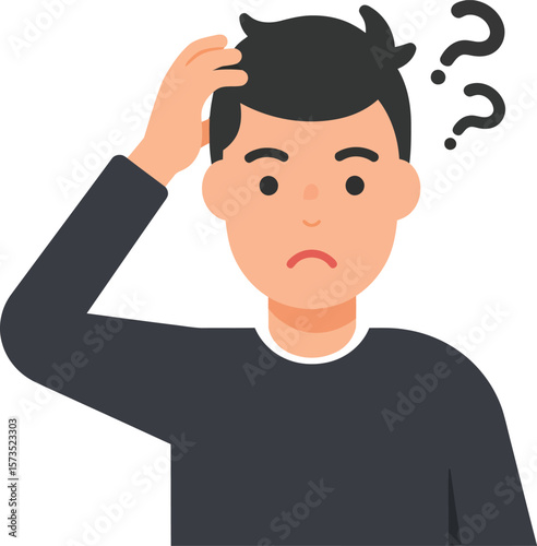 Confused young man scratching head with question marks above in simple vector illustration