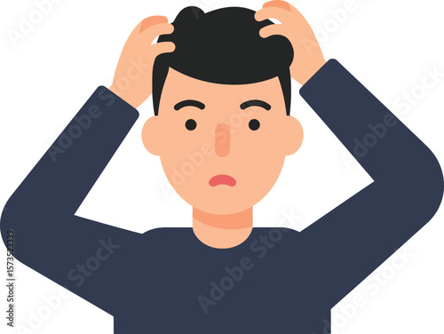 Frustrated young man with hands on head expressing stress and confusion in vector illustration 