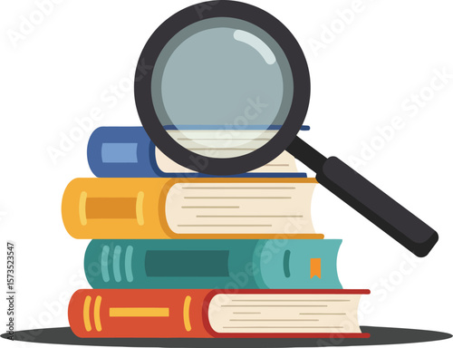 Stack of books with magnifying glass research and study concept illustration design vector 