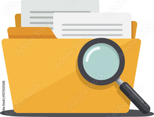 Yellow folder with documents and magnifying glass for data search and organization in office environment vector illustration 