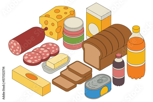 Various Food Items in Isometric View