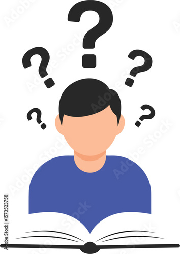 Confused person reading book with question marks above head concept illustration for learning challenges knowledge doubts 