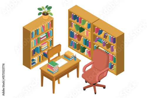Isometric Library Study Area with Bookshelves and Desk