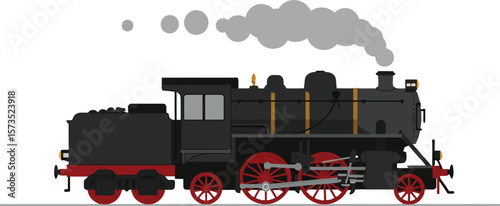 Steam locomotive train with black body and red wheels vintage transportation vector illustration 