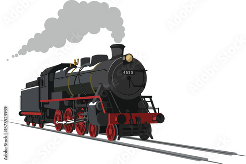 Vintage steam locomotive train with smoke on railway track in motion vector illustration 