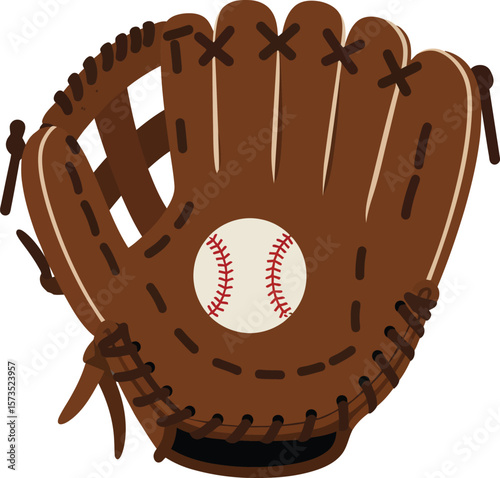Baseball glove with ball vector illustration in brown colour detailed design for sports equipment and leisure activities 