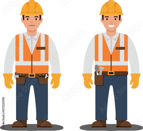 Construction workers in safety gear with helmets and gloves vector illustration for industry and labor safety concepts 
