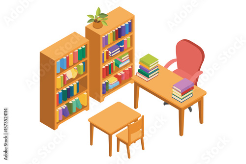 Isometric Library Study Room with Bookshelves and Desk