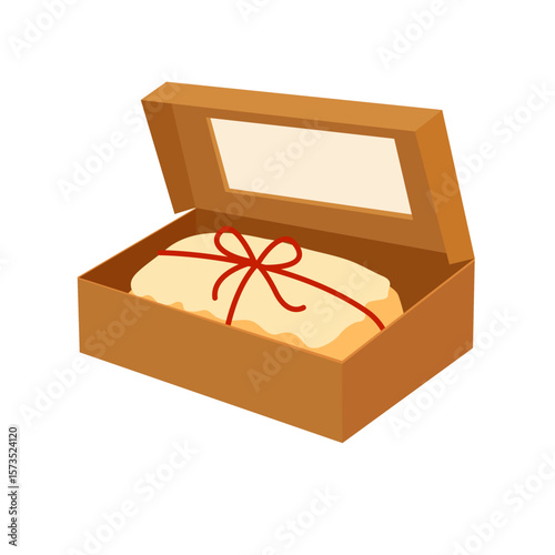 Stollen Christmas cake packed in a brown gift box with a transparent lid and red ribbon. Vector illustration Ideal for winter holiday designs, bakery packaging, greeting cards, and festive decor.