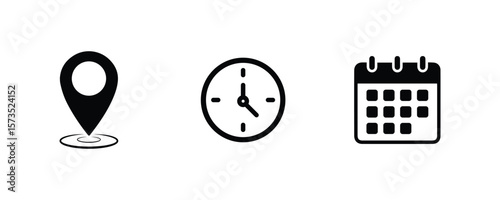 Calendar, Location pin, Clock icon. Address, time, date vector symbols.