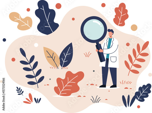 Scientist examining nature leaves with magnifying glass in vector illustration for research and discovery concepts 