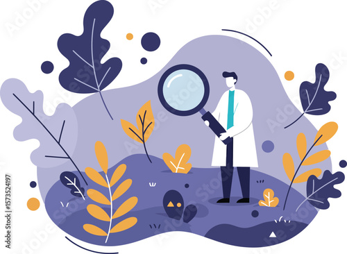 Scientist examining environment with magnifying glass in nature scene vector illustration 