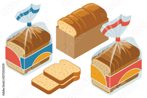 Bread in Plastic Packaging and Paper Bags Isometric View