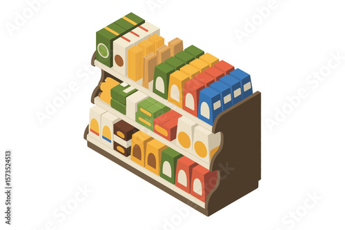 Isometric Grocery Shelf Display with Various Food Products