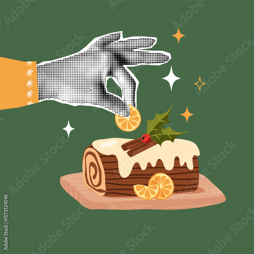 Christmas chocolate log cake being decorated by a stylised hand with a citrus slice and holly leaves on a green background. For festive promotions, greeting cards, posters, and holiday designs.