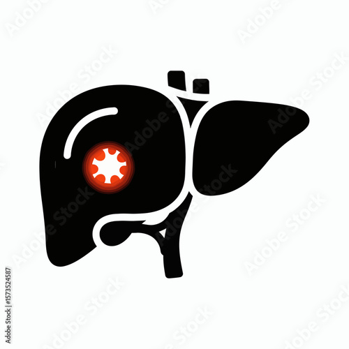 A black silhouette icon of a human liver with a red glowing circle indicating cancer or disease