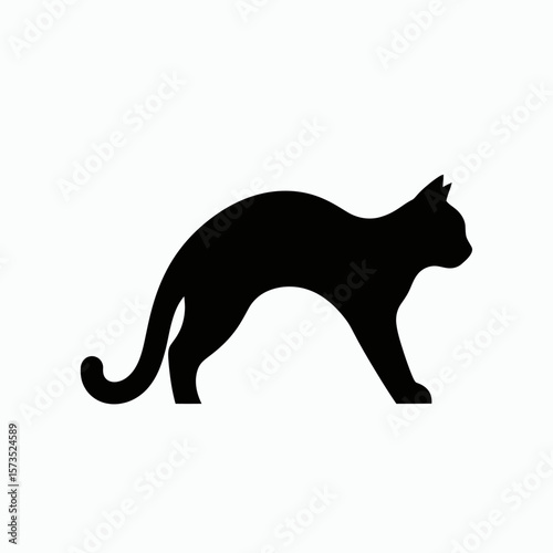 A black silhouette of a cat with an arched back against a white background