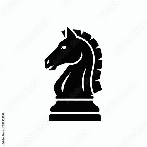 A black graphic of a knight chess piece in profile on a white background