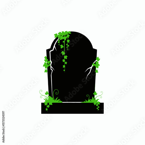A black silhouette of an old cracked tombstone overgrown with green ivy