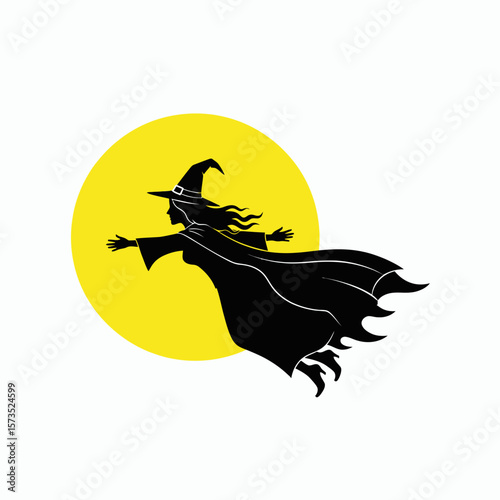 A black silhouette of a witch with a pointed hat and flowing cape flying in front of a large yellow full moon