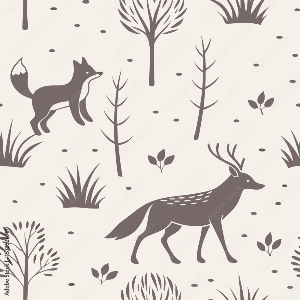 Obraz premium Graceful seamless pattern with deer, foxes, and bare trees in muted tones. Suitable for nursery decor, fabric, and woodland-themed designs.
